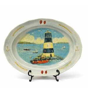 Vintage Oxney Green Lighthouse Oval Platter Nautical Coastal Decor 17"